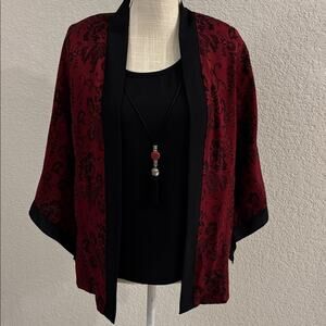 Sara Michelle Red & Black Floral Kimono  tank & detachable tassel necklace Small